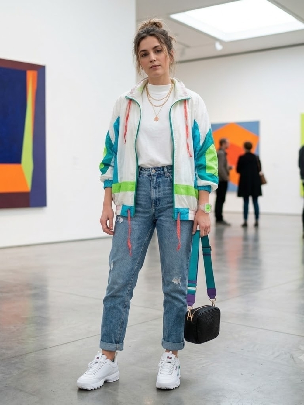 Vintage 80's Nonchalant Colorblock Windbreaker Jacket - White, Teal & Lime